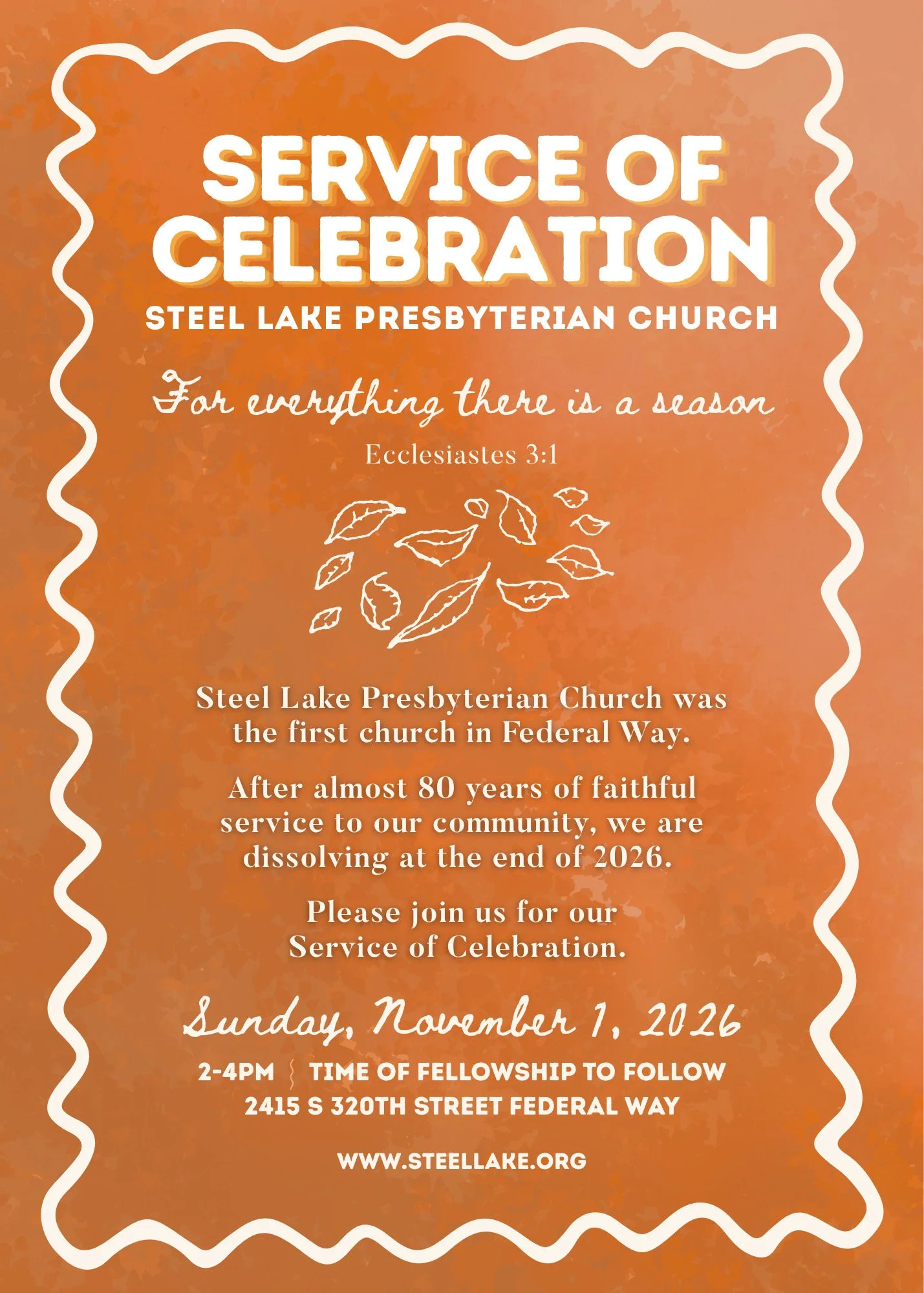 Steel Lake Presbyterian Church Service of Celebration: Nov. 1 @ 2pm 