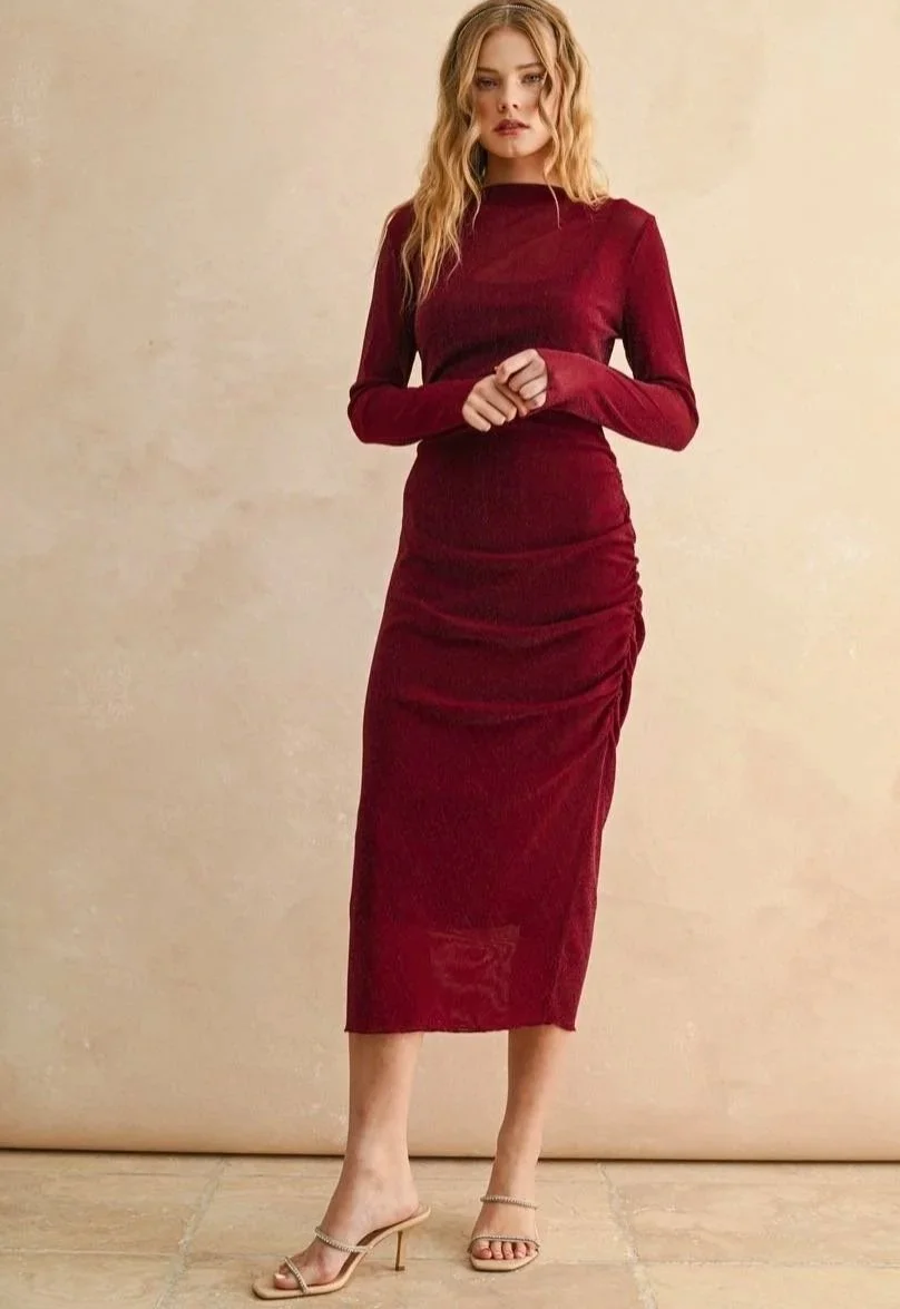 red mesh ruched dress Sylphe Red Asymmetrical Ruched Mesh Maxi Dress, S / Red