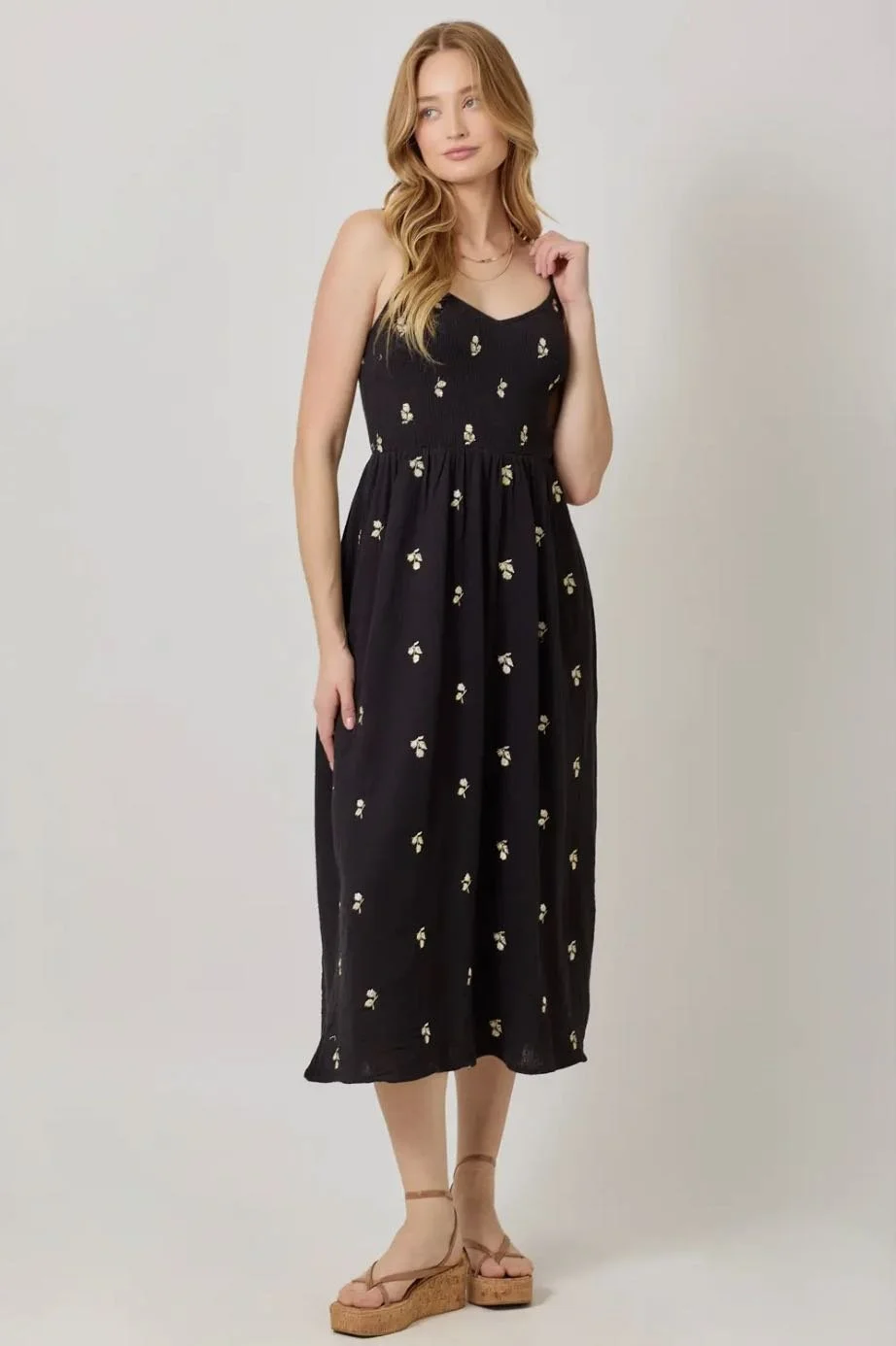 Cotton Gauze Embroidered Midi Dress - Black  Camp Willow