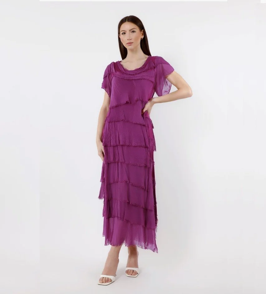 fucshia ruffle silk dress one size maxi.jpg