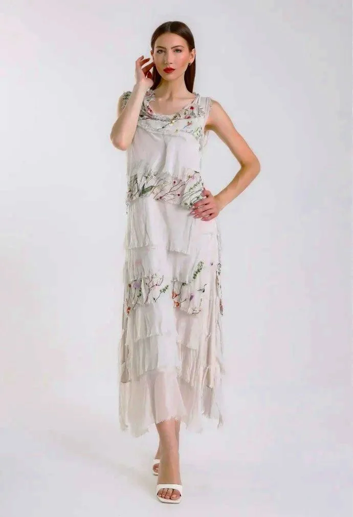 One Size Silk Tiered Embroidered Maxi Dress- Beige Camp Willow One Size Silk Tiered Embroidered Maxi Dress- Beige Camp Willow