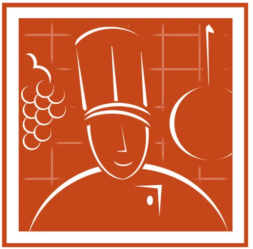 Stylized illustration of a chef wearing a tall hat, with grapes, a cooking spoon, and a circular shape in the background, all in a graphic line art style on a brown background.