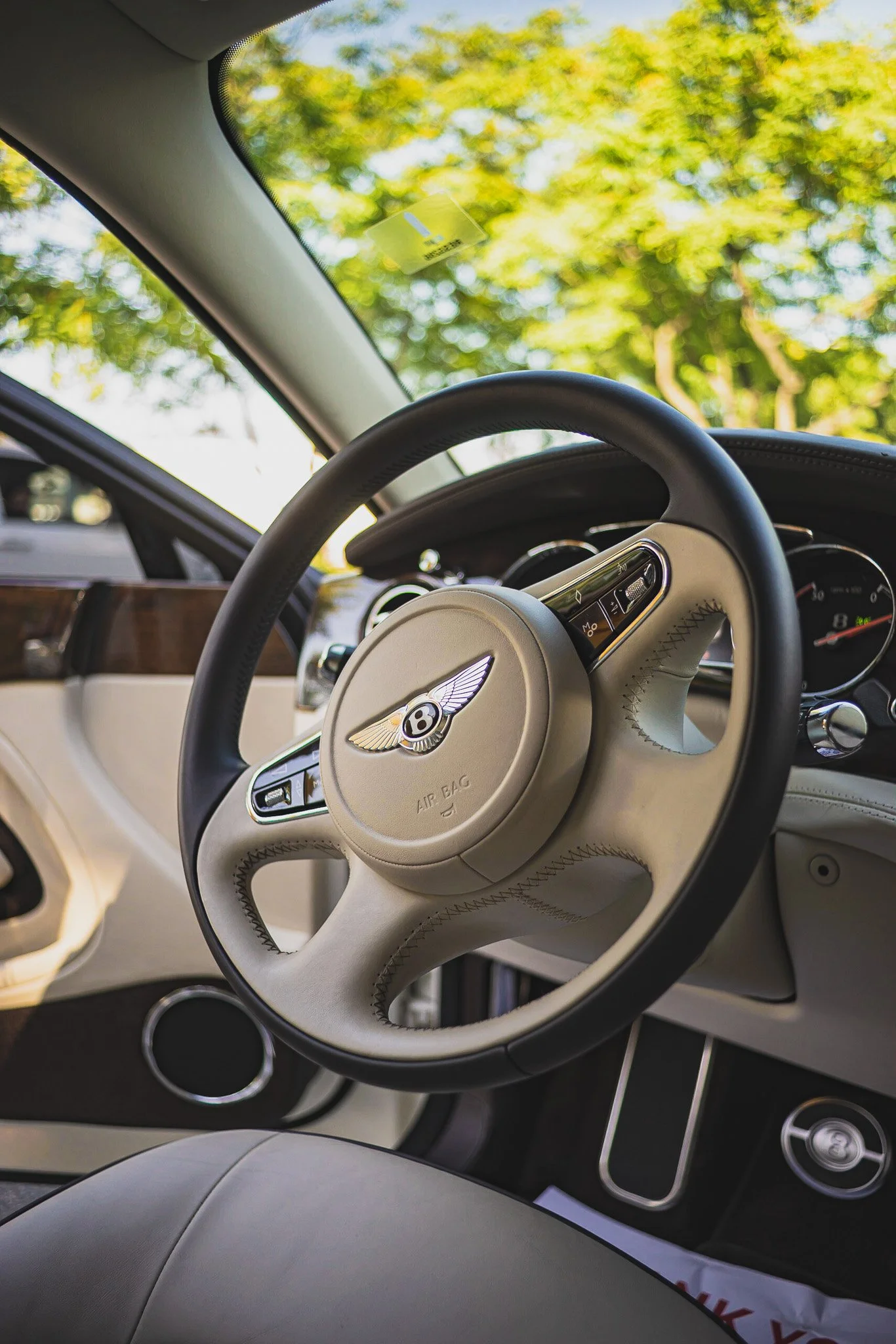 Luxury car interior featuring a steering wheel with Bentley logo, leather upholstery, and a dashboard with analog gauges, seen through the windshield with green trees in the background.