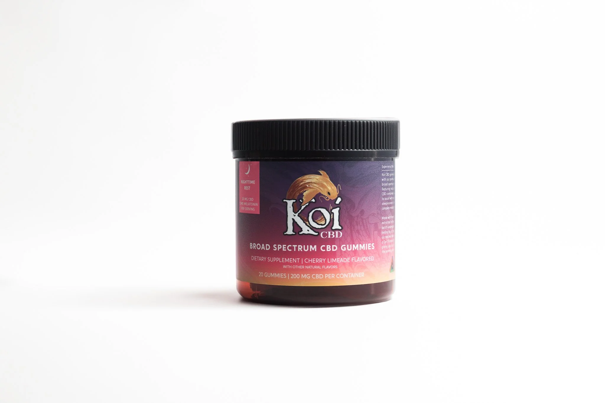 Container of koi CBD broad spectrum CBD gummies in cherry limeade flavor, with 20 gummies and 200 mg CBD, on a white background.