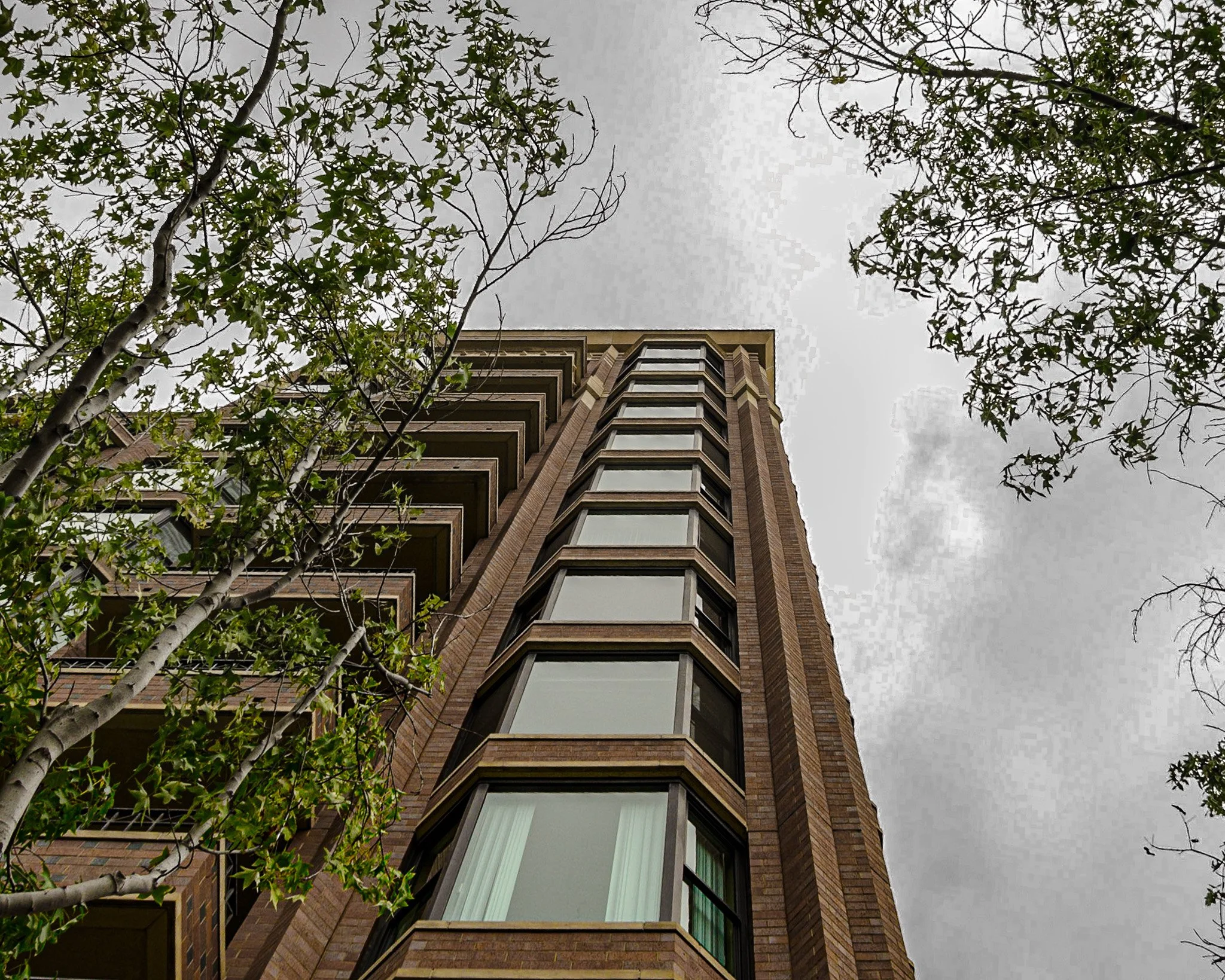 Low-angle view of a tall brick apartment building with protruding windows, surrounded by green trees with overcast sky in background.
