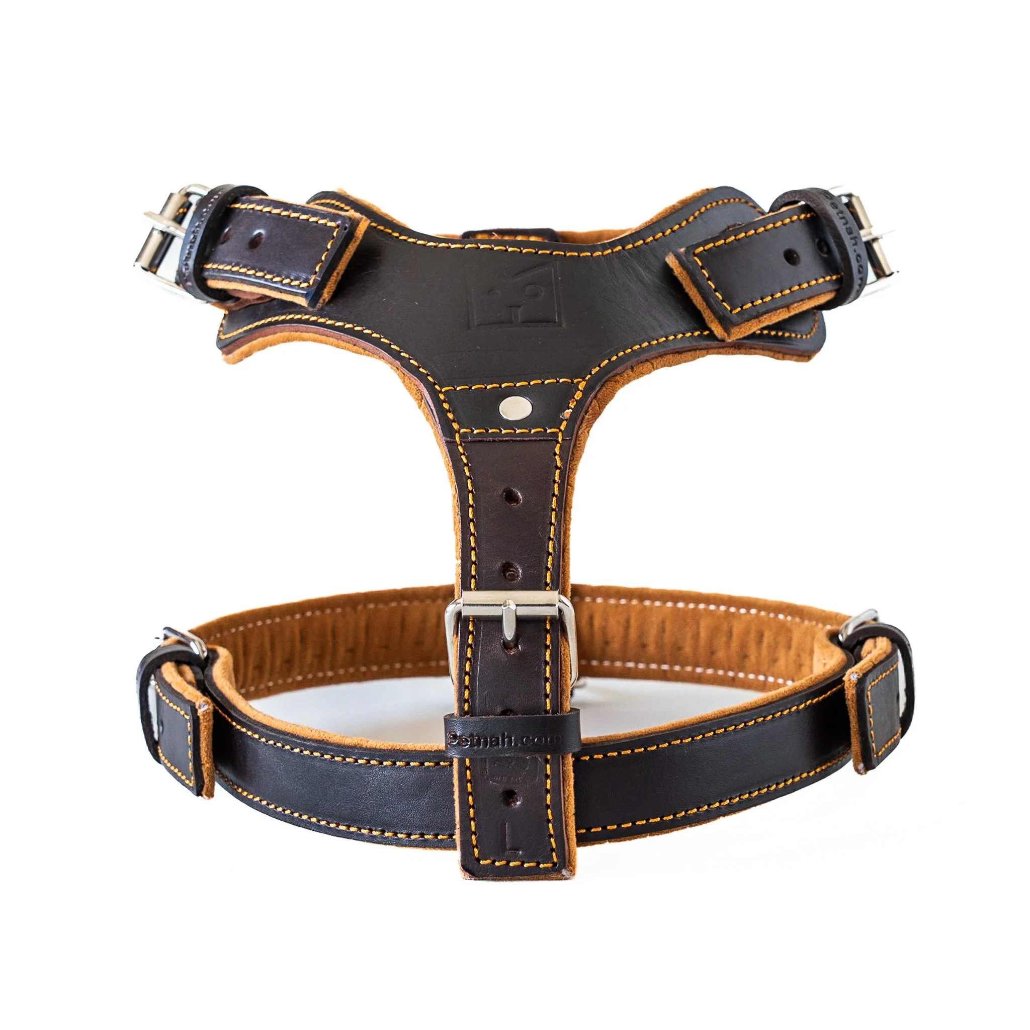 A black and brown leather dog harness with yellow stitching and adjustable straps.