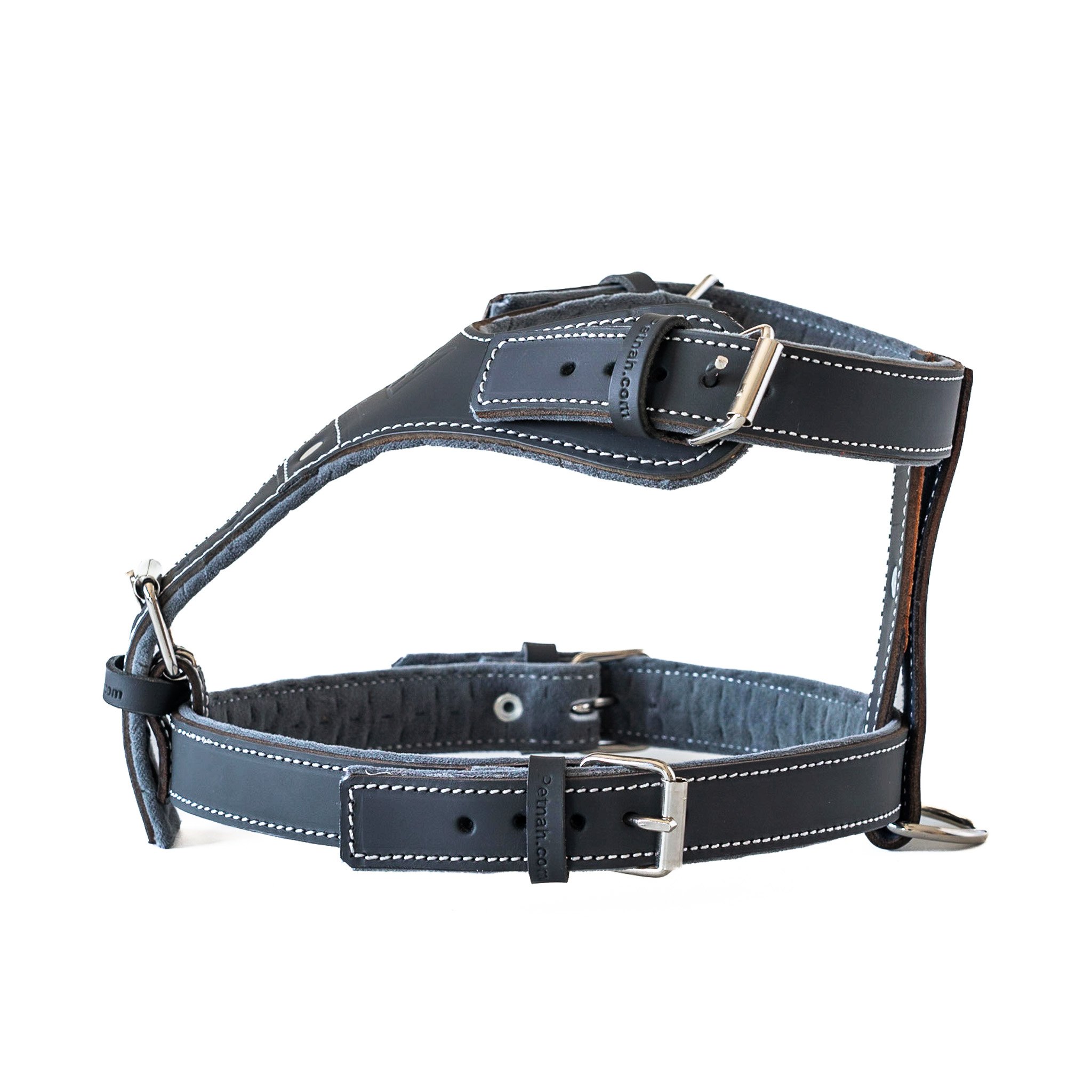 Black leather dog harness with white stitching, adjustable straps, and metal buckles, laid flat on a white background.