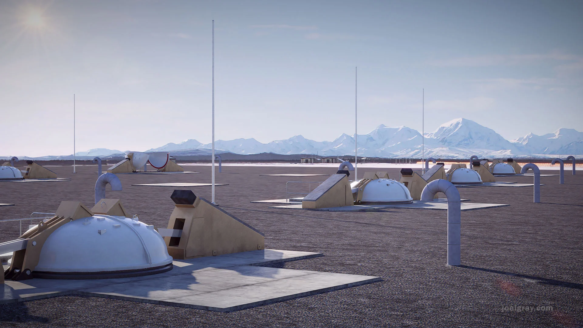 Project: Concept rendering of missile defense silos Contribution: Concept, art direction, 3d modeling, lighting, texturing, matte painting and animation