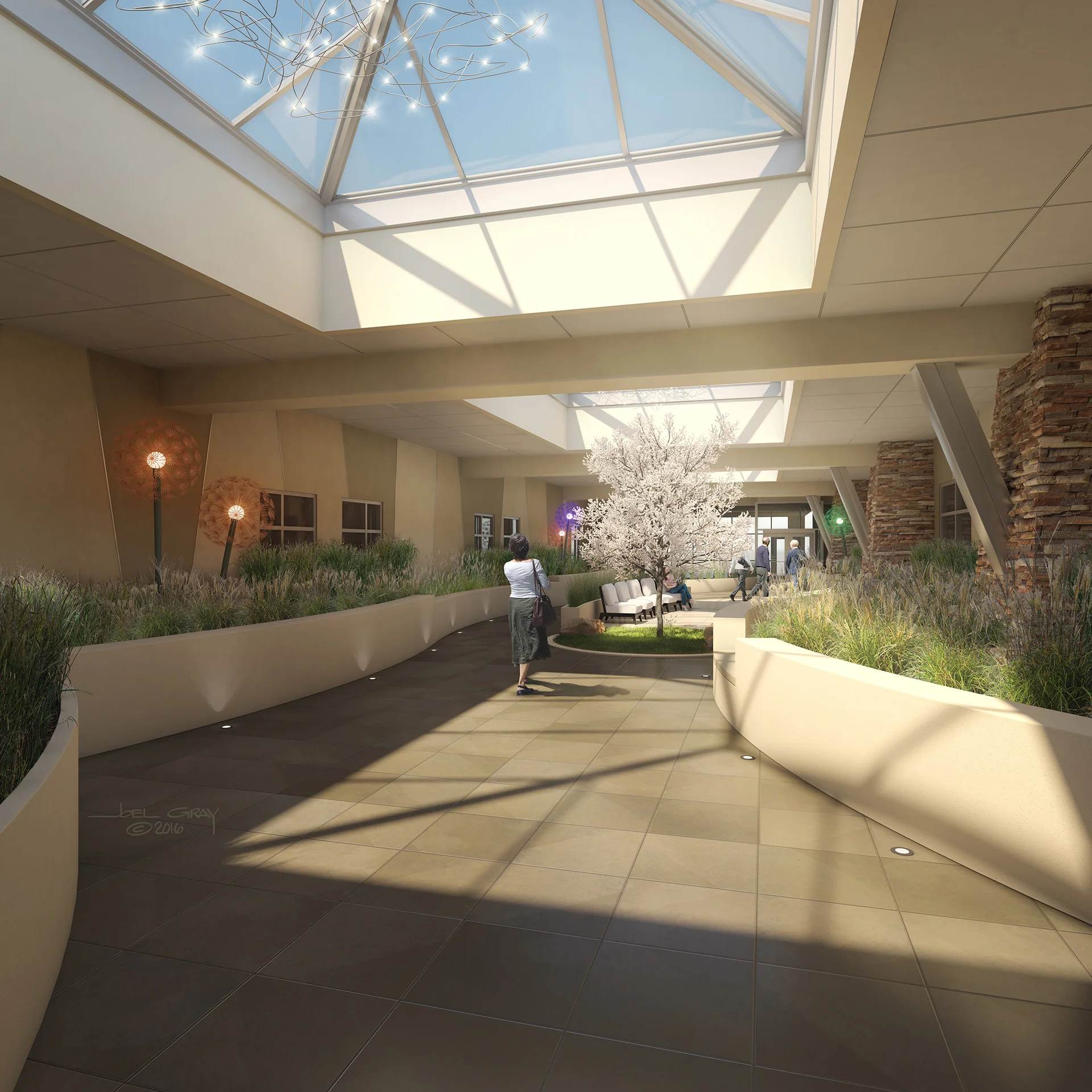 This rendering illustrates the design and finishes of the Wellness Garden during daylight hours. I modeled, lit, textured and rendered the space in 3ds Max; the people and realistic grass elements were then composited in Photoshop. Yes, the lighting was quite a challenge!