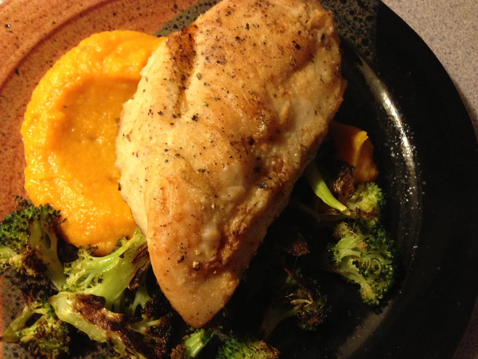 Oven roasted chicken breasts, butternut squash puree and roasted