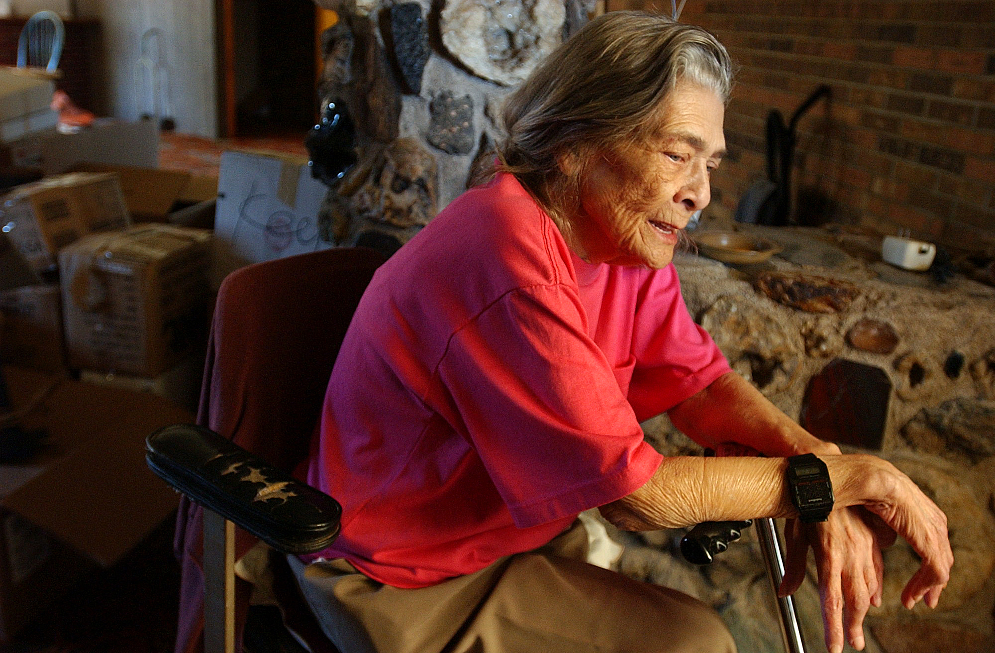  Known as “The Rock Lady,” Linda Baker sits in her home built one rock at a time by her husband who along with her ran a geode business in their yard. Due to a recent highway expansion along Hwy. 24 near Wayland, Mo. Baker must move from her home.  