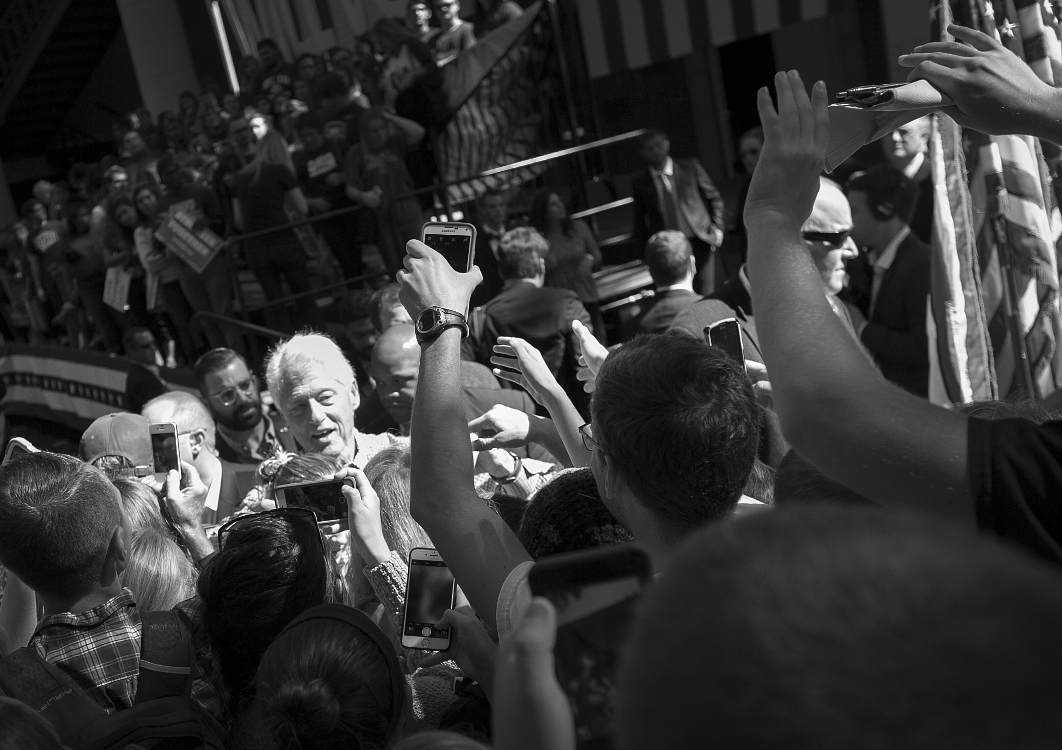  At the end of a speech in Athens, Ohio, Former President Clinton shook hands with people who crowded to the front for selfies, handshakes and photos. 