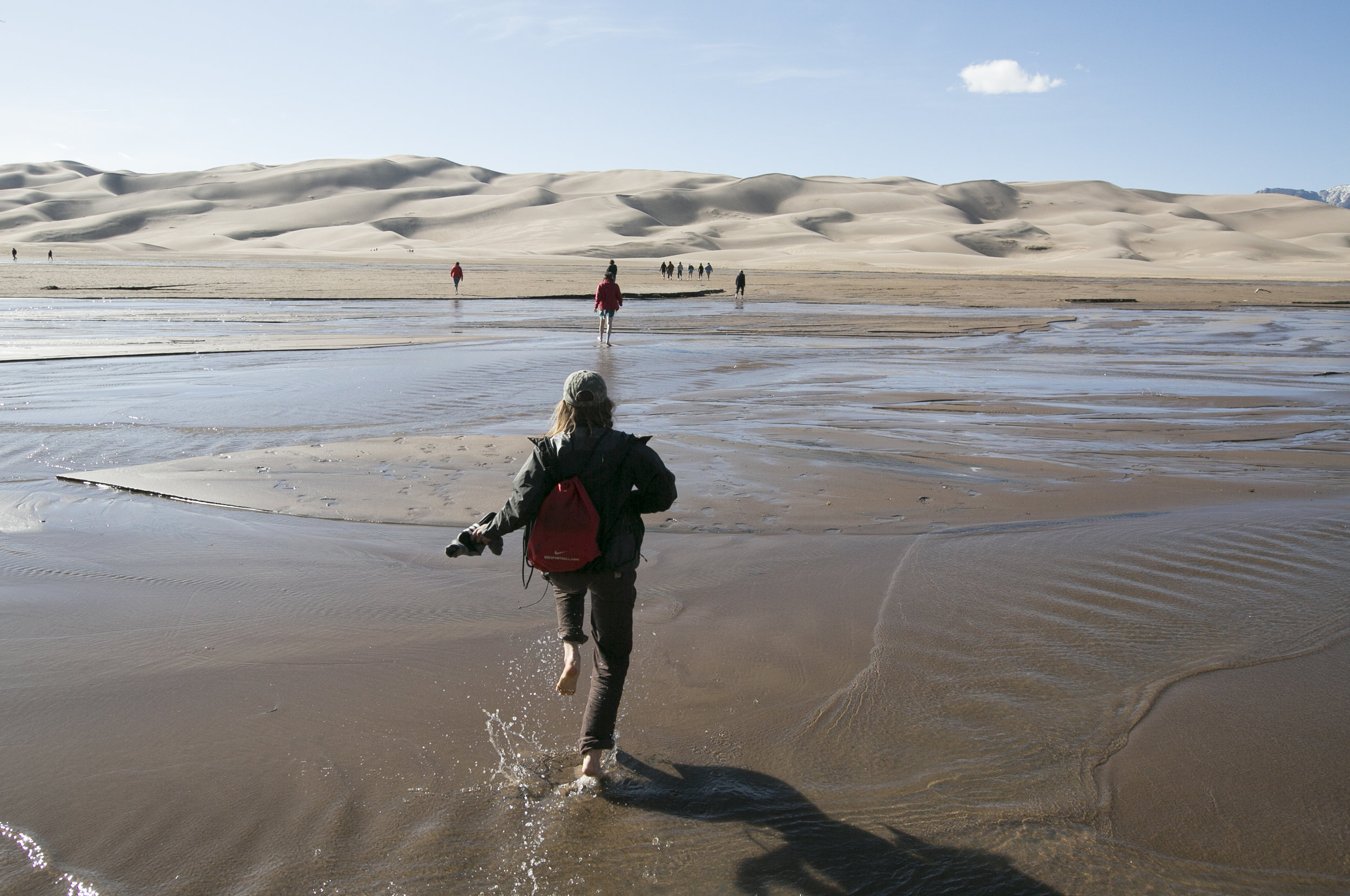  Visitors to Great Sand Dunes National Park run through the streams to get to the sand.  