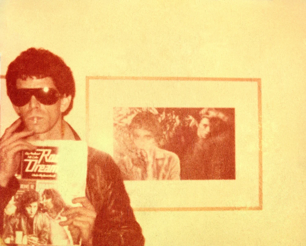 This 1974 photograph of Lou Reed posing in front of his portrait —now owned by David Bowie—and holding a copy of the first US edition of Rock Dreams was one of Peellaert's cherished possessions. 