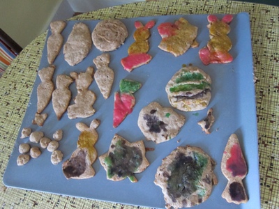 (In case it isn't obvious, there are bunnies, carrots, maple leaves "because it's maple sugar time", little fairy cookies, and something round that is also for the fairies, but I never did understand what it was for exactly)