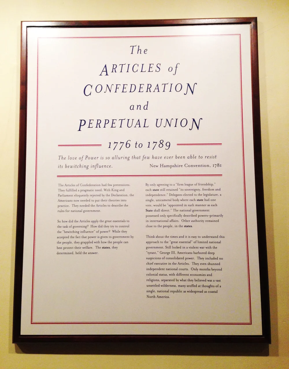 "The love of Power is so alluring that few have been able to resist its bewitching influence" at Independence Hall&nbsp; 