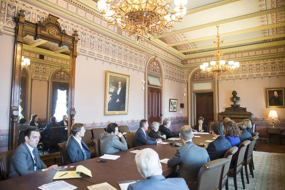 Melissa Rogers, executive director of the White House Office of Faith-based and Neighborhood Partnerships, meets with interfaith leaders at the Eisenhower Executive Office Building. April 17, 2015