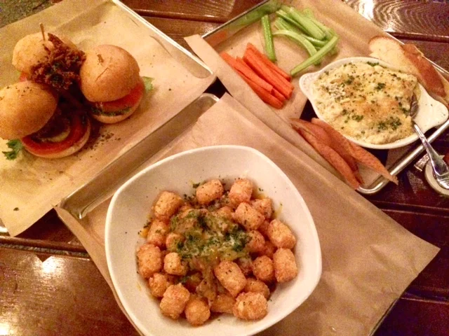 Chili tots, beef sliders, and green chili artichoke dip.