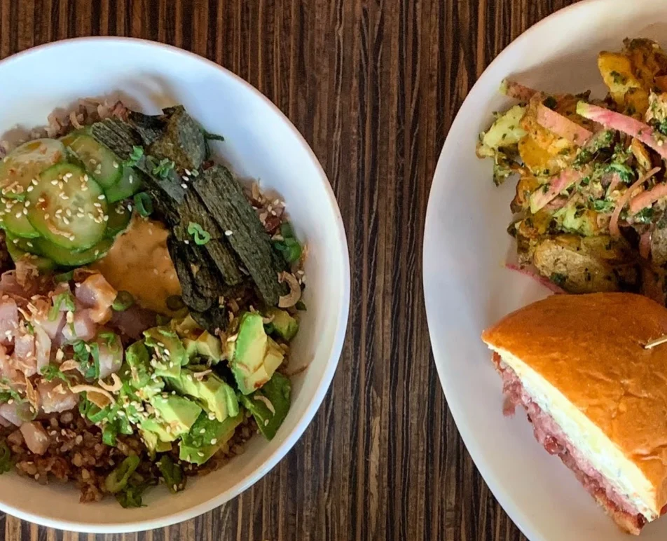 Lamb Burger (right) and the Poke Bowl (left)