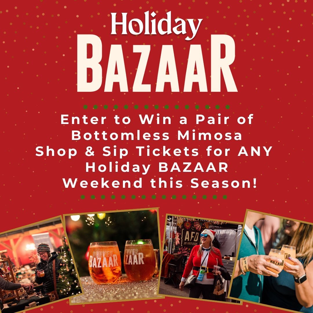 🥂Giveaway Alert🥂 

What&rsquo;s better than shopping? Bottomless Mimosas duh! 

🛍️ Holiday @denverbazaar 🛍️

Holiday BAZAAR returns to Belmar District taking over a huge 27,000 sq foot indoor space right next to the plaza with 80+ craft vendors a