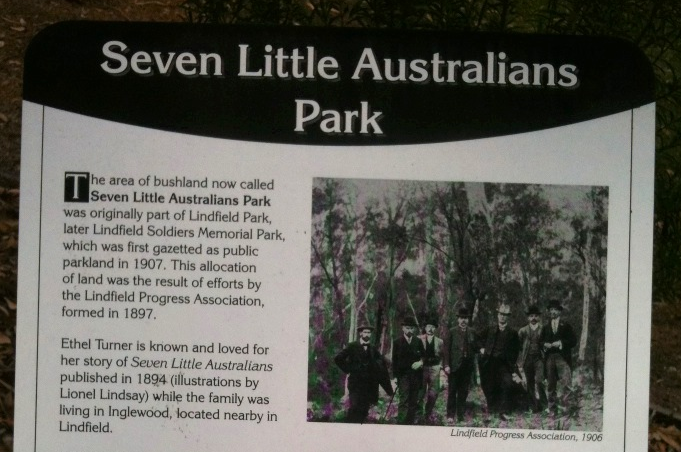 The plaque at Seven Little Australians Park at Lindfield to commemorate the book by Ethel Turner.