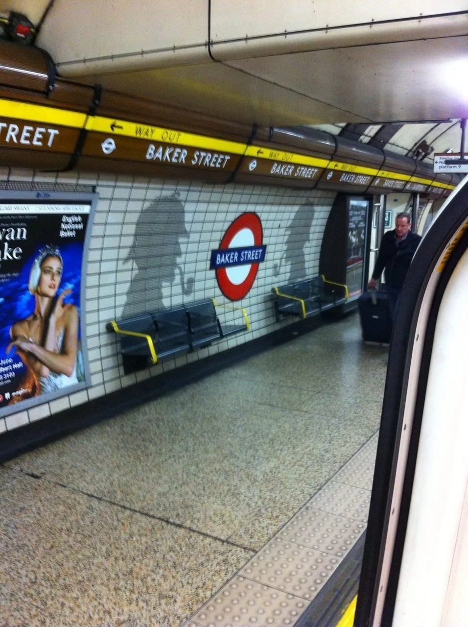 At Baker St Station, where there is a very cool homage to Sir Arthur Conan Doyle's iconic characters on the wall.