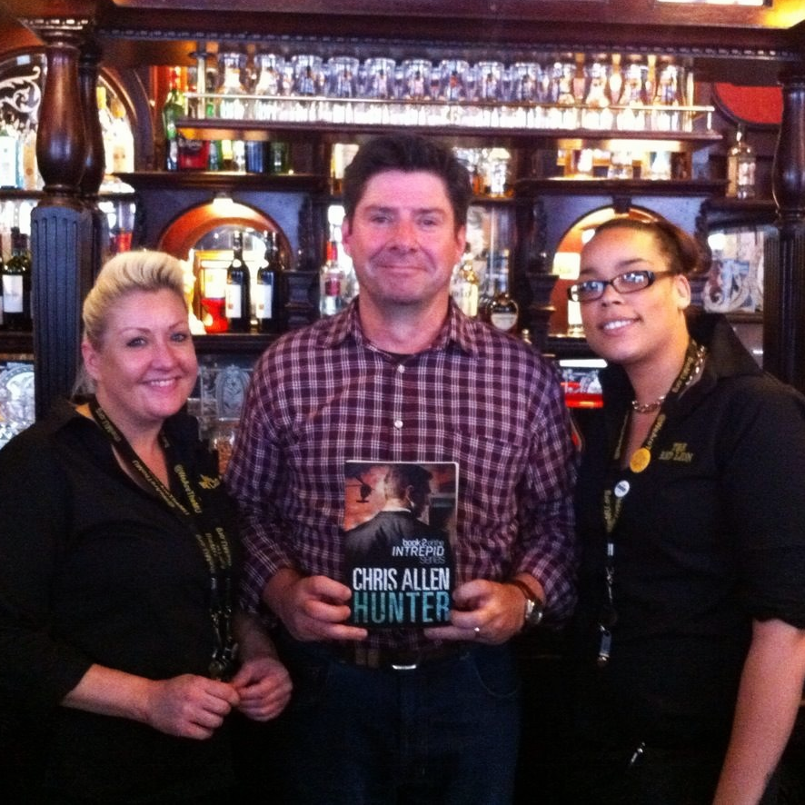 With Cathy (left) and Desiree (right) and Alex Morgan (centre) at my favourite pub in London, The Red Lion Westminster. It was great to take Morgan & Hunter for a photo opportunity as the venue appears in both books!