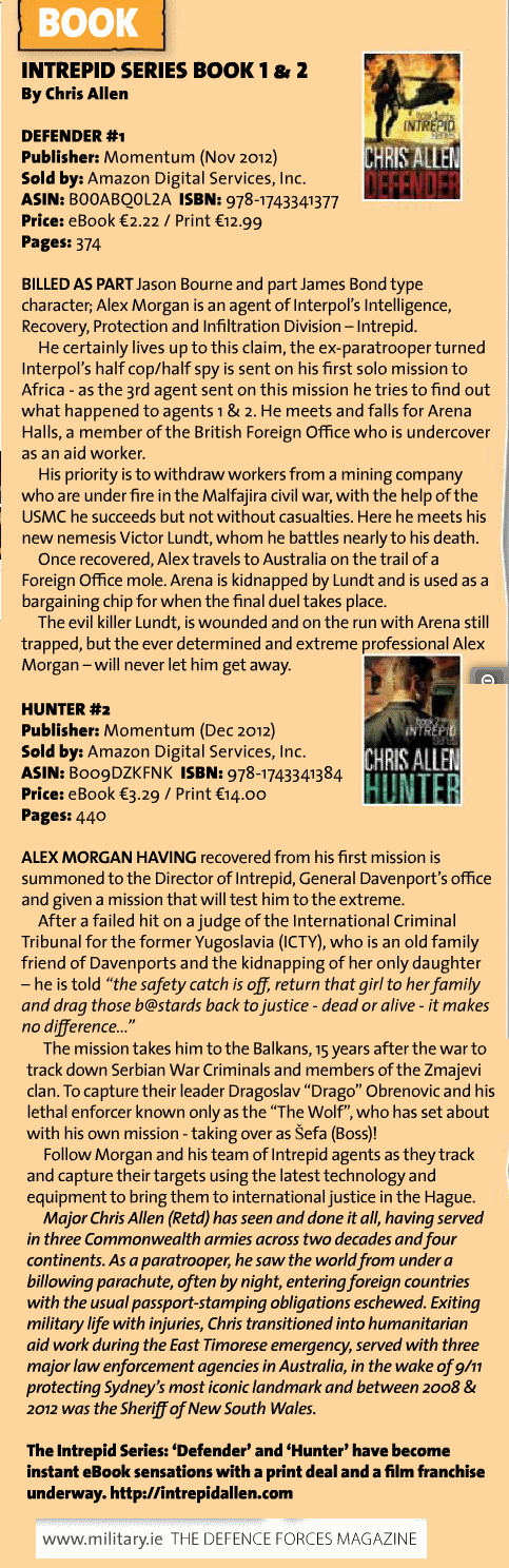 An Cosantoir Magazine for the Irish Defence Forces which reviews Defender and Hunter by Chris Allen.