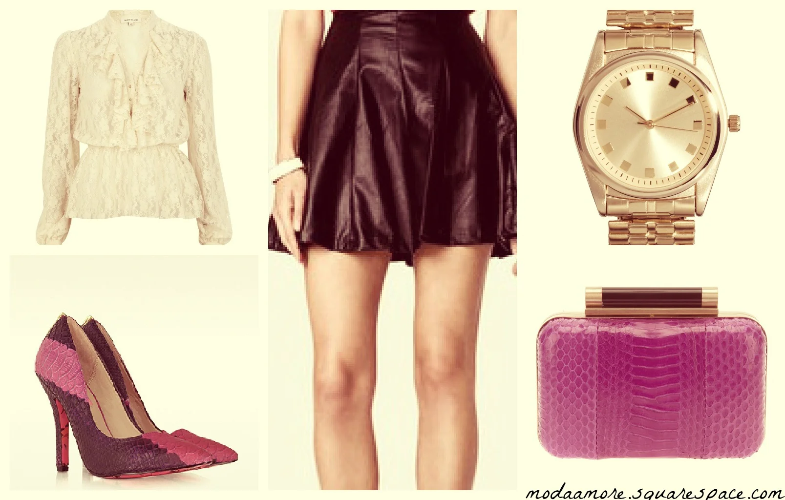 A Romantic Edgy Look. Cream Lace Long Sleeve Frilly Blouse. Price: $25 RIVERISLAND.COM Faux Leather A-Line Skirt. Price $22.80 FOREVER21.COM Betsey Johnson Taylor Embossed Leather Pump. Sale Price: $71.97 Forzieri.com DIANE VON FURSTENBURG BOX CLUTCH. Sale Price: $337.39 FARFETCH.COM ASOS EXPANDER BOYFRIEND WATCH. Price:$43.85 ASOS.COM