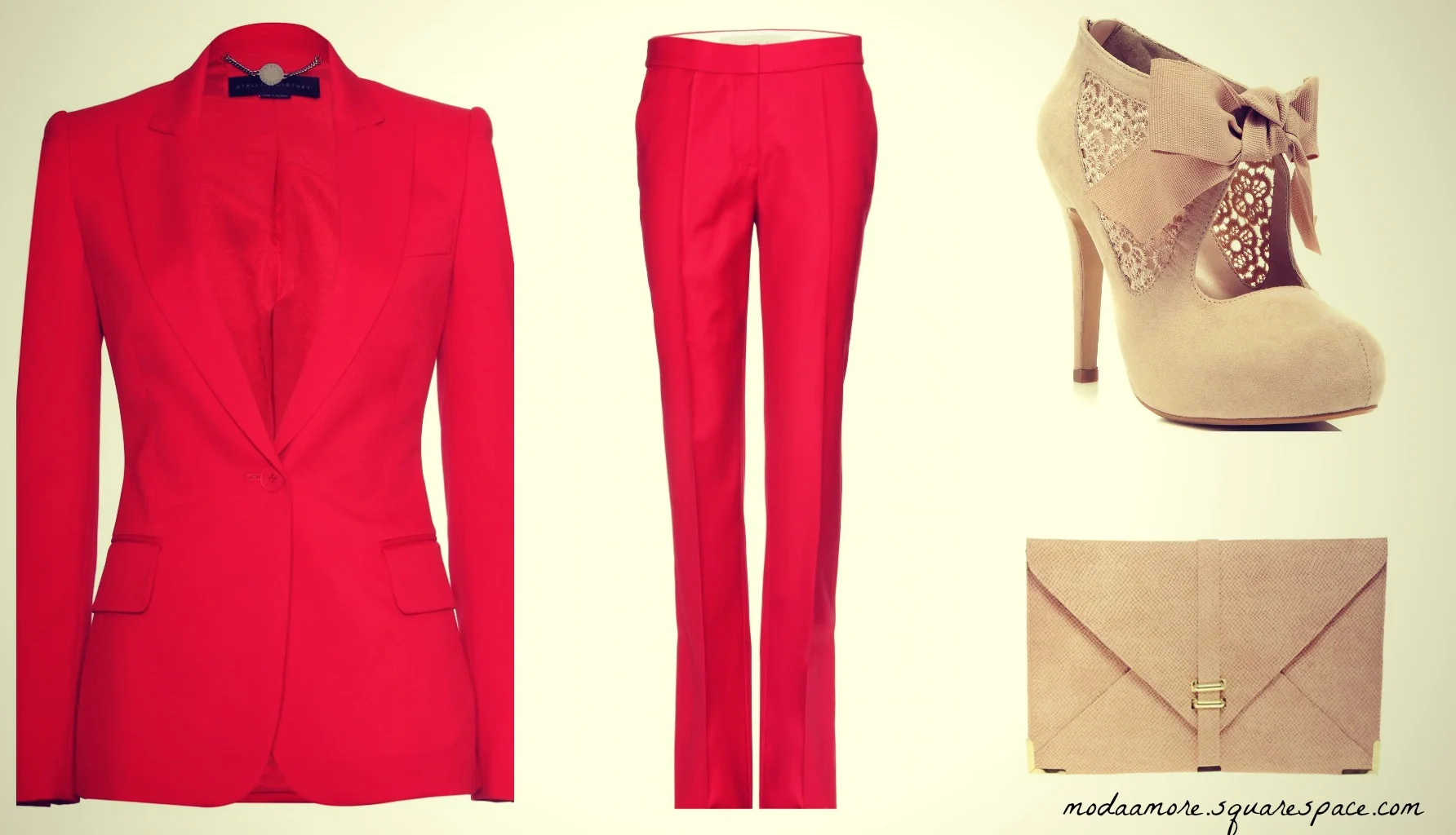 Stella McCartney Wool Blazer. Price:$933 MYTHERESA.COM Stella McCartney Wool Trousers. Price:$464 MYTHERESA.COM Sally Nude Town Shoe-Price: $80 MISSSELFRIDGE.COM Slot Through Envelope Clutch. Sale Price:$24.56 ASOS.COM