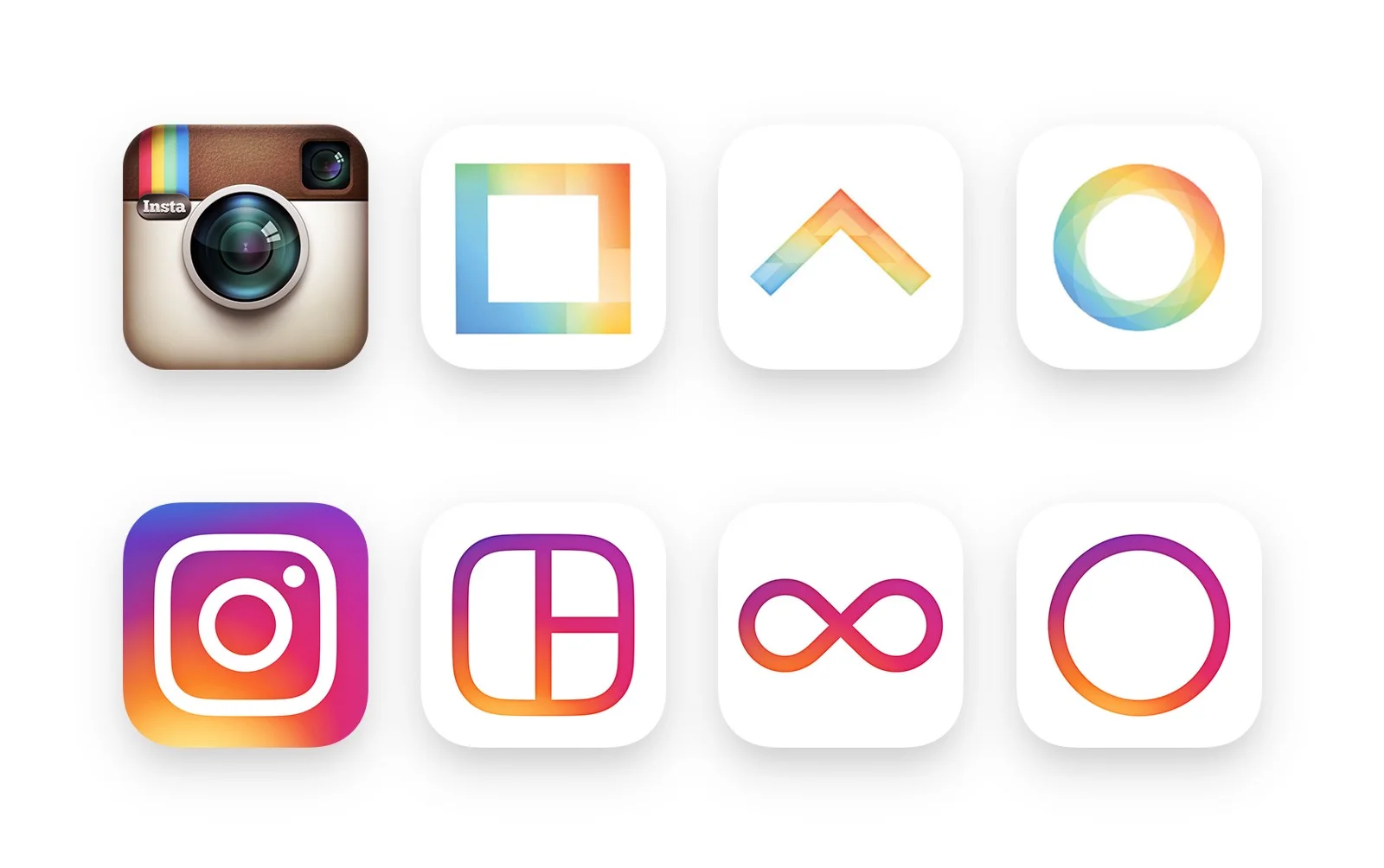 Le nuove icone app di Instagram, Layout, Boomerang, e Hyperlapse