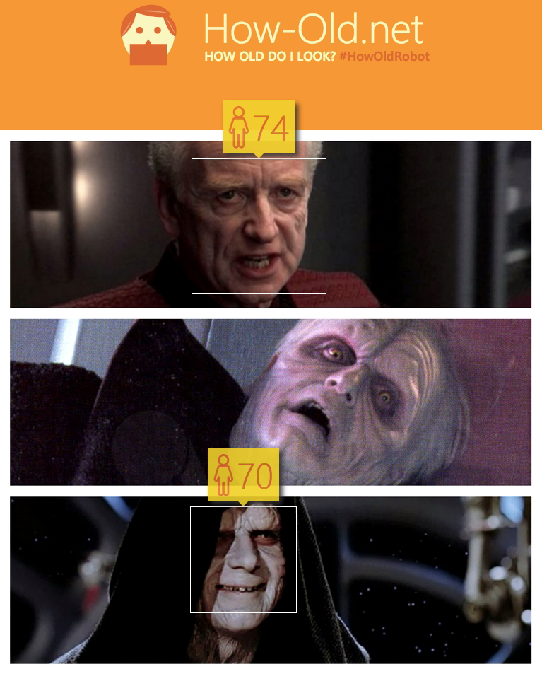 Of course his face is probably going to be unrecognisable after a lightning attack, courtesy of Mace Windu's defence, but this...this difference in age confuses me... Do the Galactic Empire have a strong private health insurance package including anti-ageing remedies?