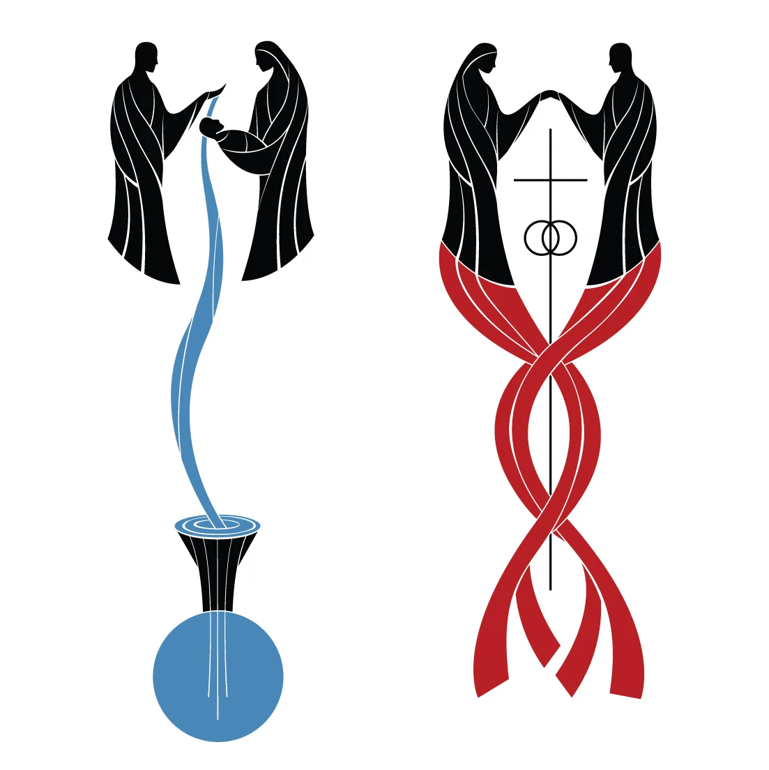 Early drafts of Paramentics artwork for the rites of Holy Baptism and Christian Marriage.