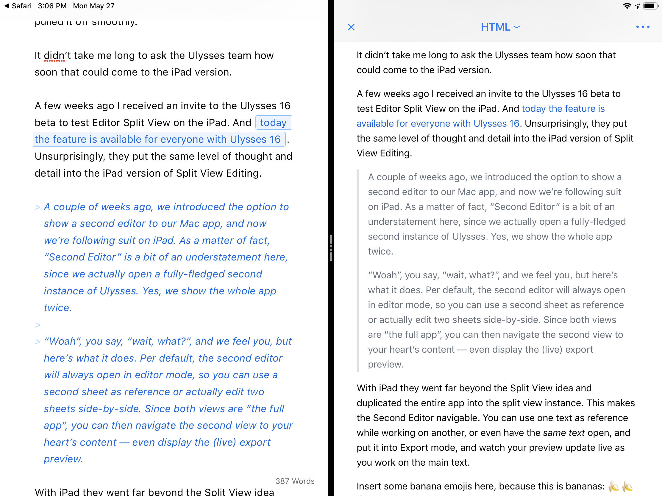 Split view of Ulysses 16 on iPad, with a live preview of the active text.