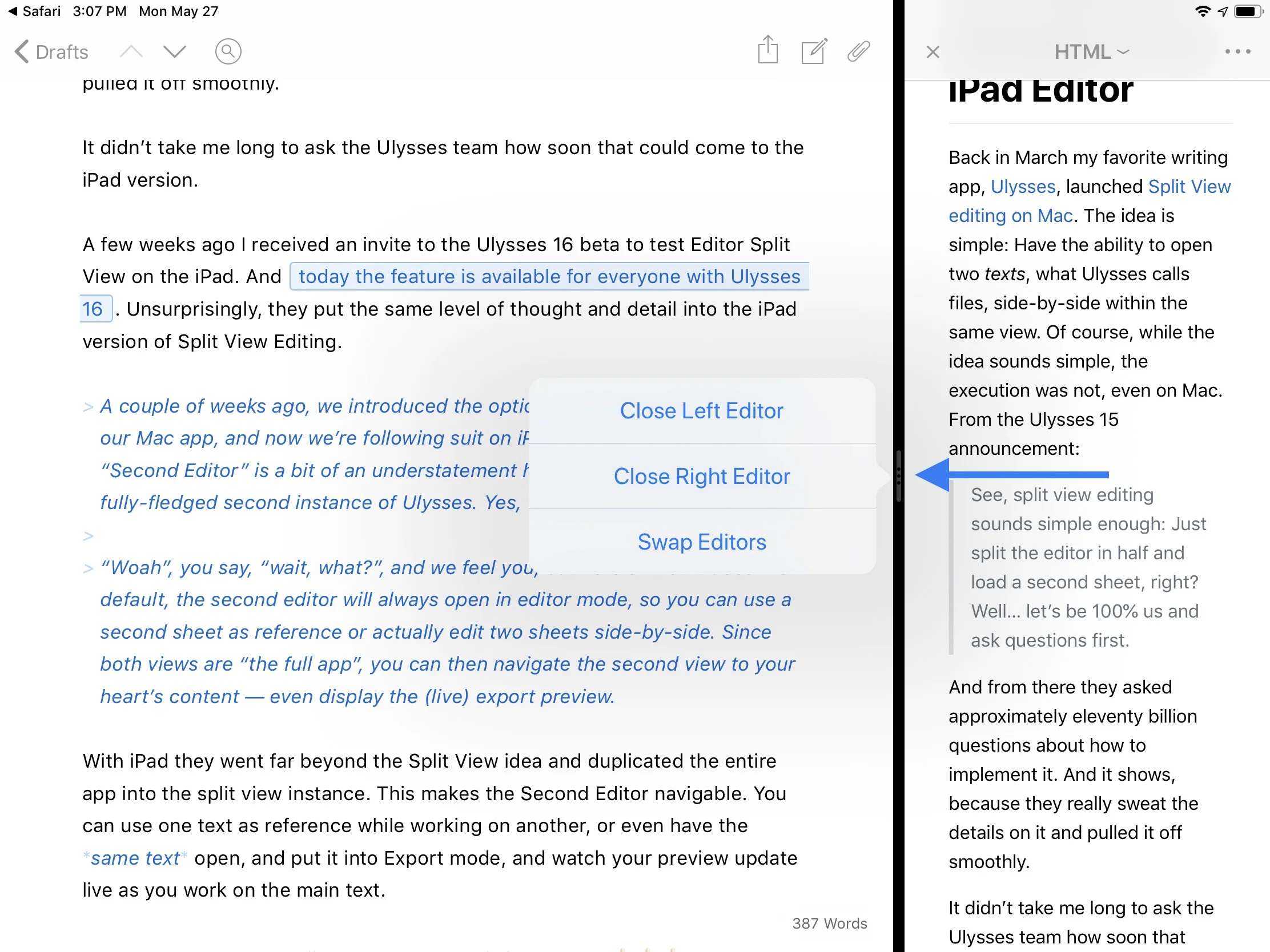 Tapping and holding on the grab handle brings up some neat options, such as a way to swap the editors.