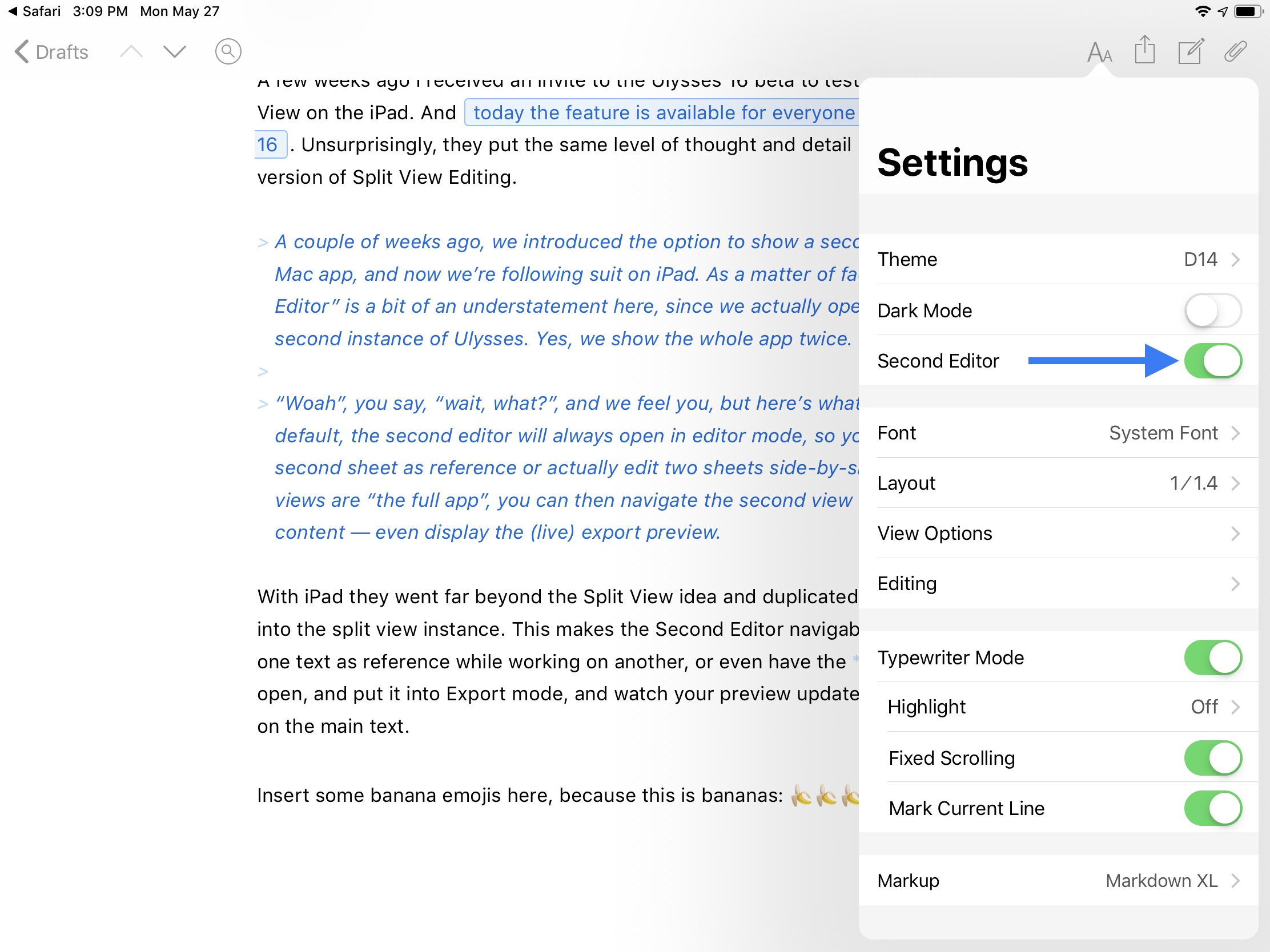  Activate “Second Editor” from the editor settings. This will open the current sheet next to the current view. 