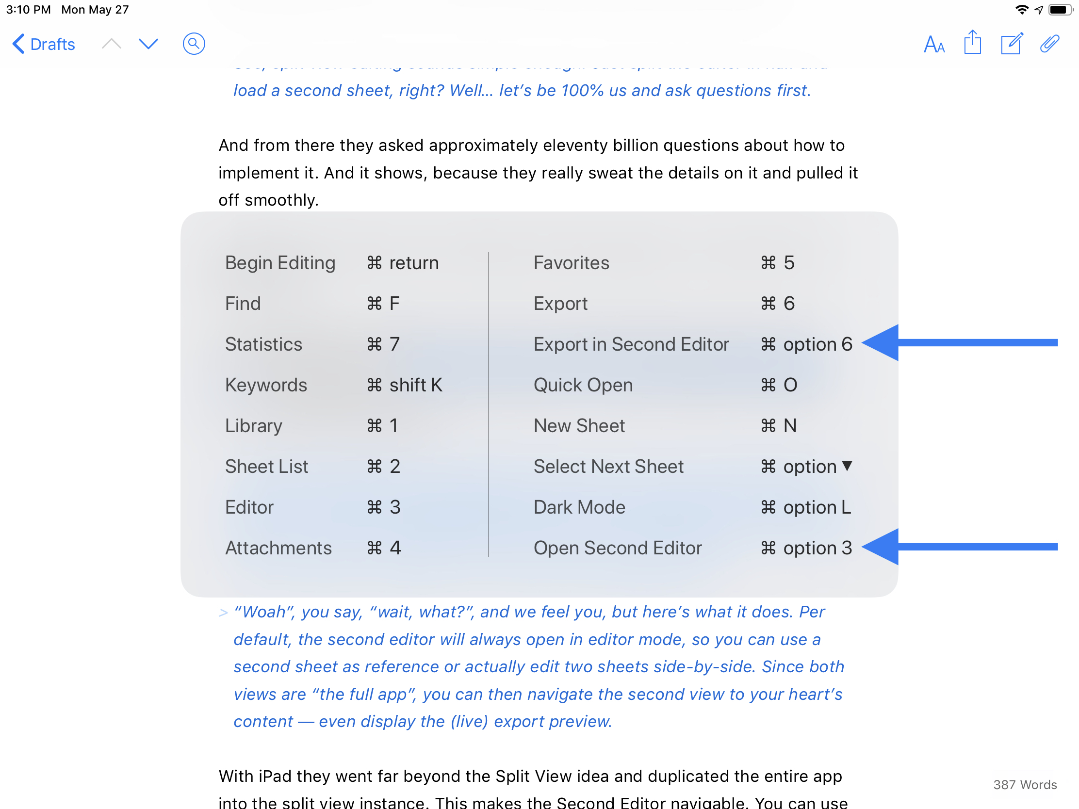 With an external keyboard attached, you can either hit command-option-3 (⌘⌥3) to open the current sheet in editor mode, or hit command-option-6 (⌘⌥6), to open the export preview of the current sheet.