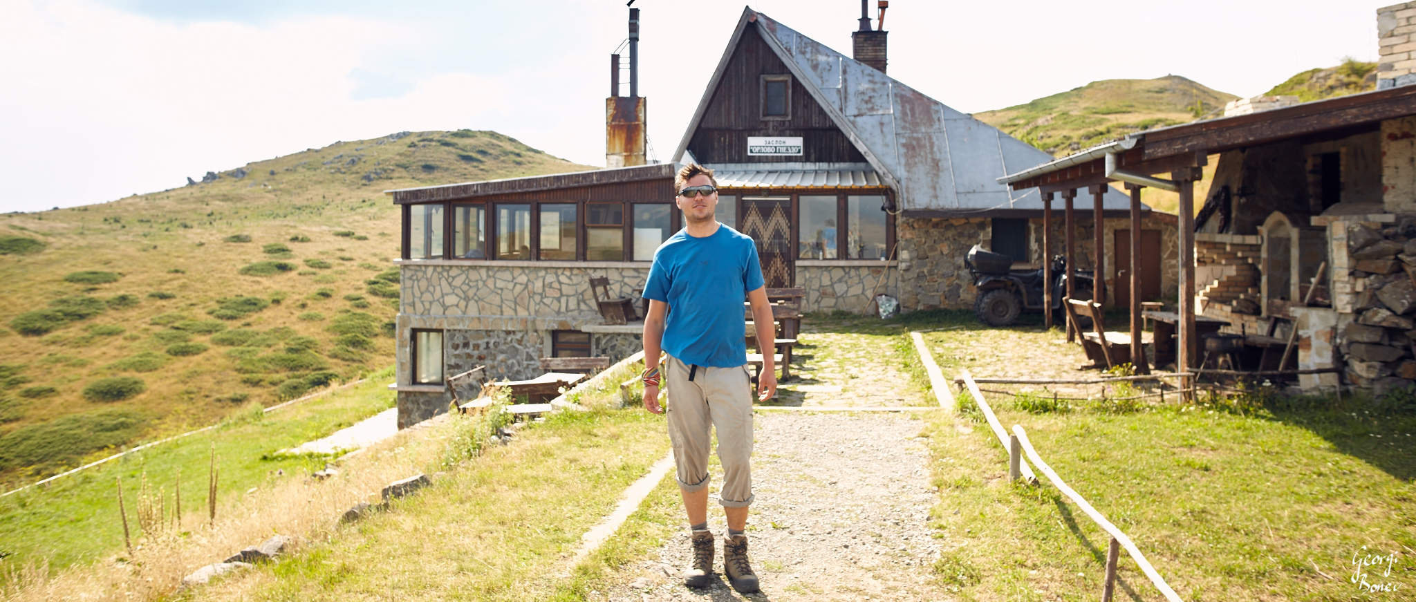 Georgi in front of Orlovo gnezdo shelter, Mt. Stara planina, Bulgaria