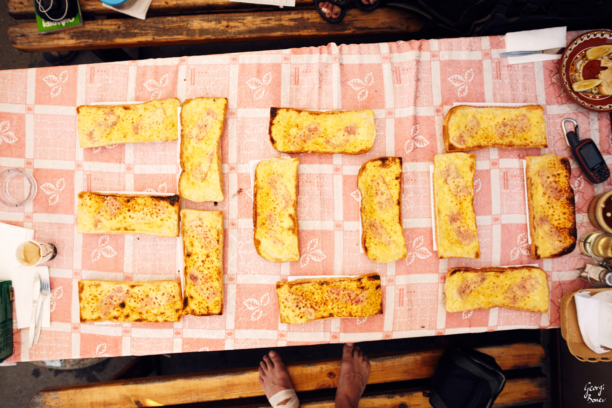 Celebrating 300km with a mark made of sandwiches at Republica pass, Bulgaria