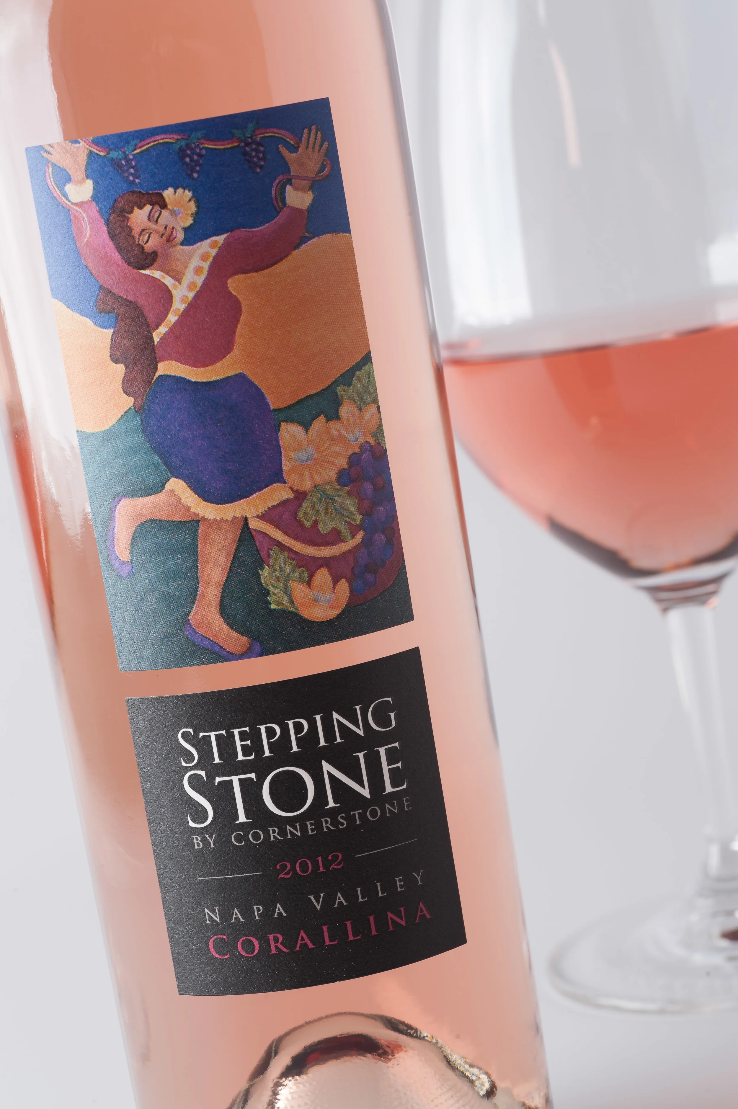 2012 Stepping Stone by Cornerstone Corallina Napa Valley Syrah Rosé with label "Wine Dance" by artist Janet Ekholm