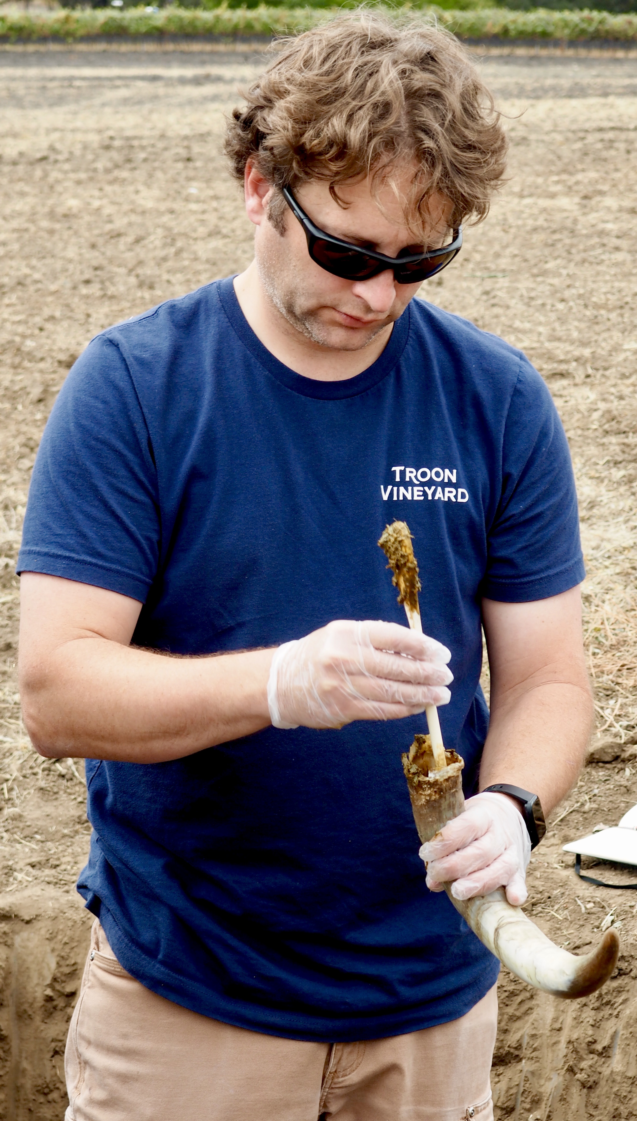 Troon winemaker Nate Wall filling cow horns with fresh organic manure