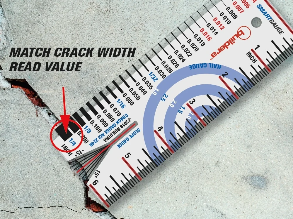 FIGURE 3 . To measure cracks or materials up to 1/4” wide, place the transparent edge of the crack gauge over the crack and visually align the gauge until the graduated line width matches the crack width. If the crack width falls in between two values, visually interpolate for improved accuracy. When using as a material thickness gauge, place the gauge over the edge of the material to approximate its thickness without requiring a calipers. Crack widths in red correspond to key ACI 224R-01 limits for varying conditions. Figures in blue are in fractions, and represent common material thicknesses from 1/32” to 1/4”.