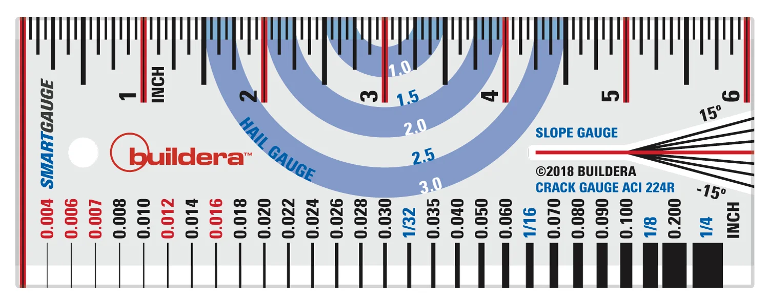 FIGURE 1 . Buildera SMARTGAUGE MULTICOMPARATOR . Front side includes a color-coded ruler, hail gauge, crack-width/material-thickness gauge, and slope gauge.