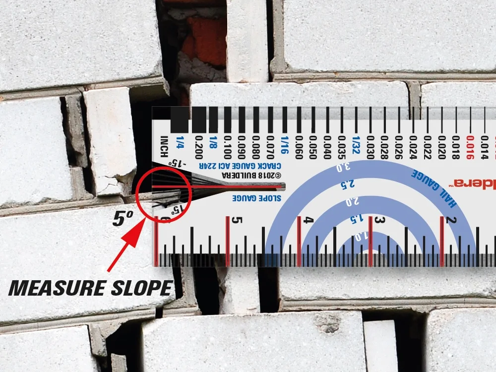 FIGURE 6 . Use the slope gauge to measure angular offsets from a vertical or horizontal reference. The bright red line is the baseline. Measure from 0º to ±15º in 5º increments, for a total of 30-degree range. If the slope exceeds ±15º, simply rotate the gauge to use the +15º or -15º indicator as the baseline. This effectively doubles the available range.