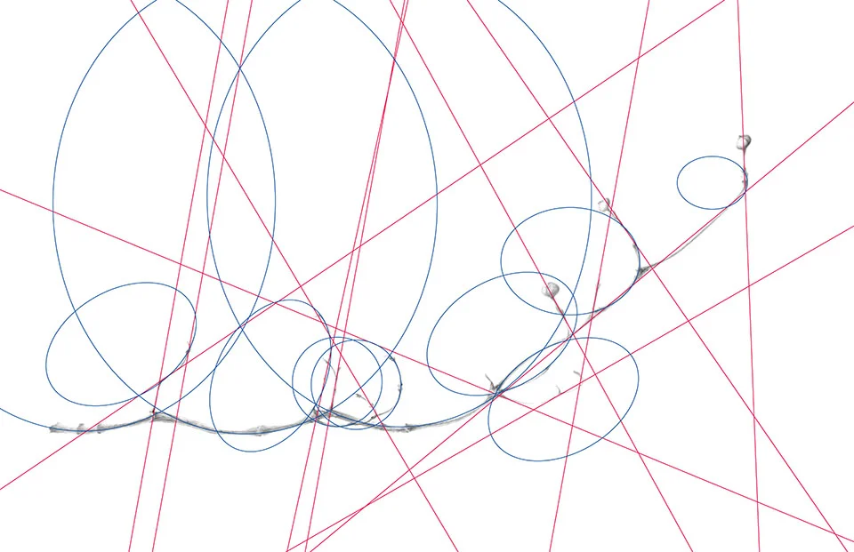 Free hand sketch in a third color the curved vectors in complete circles, ovals, parabola, etc... from edge to edge or complete closed shape.&nbsp;