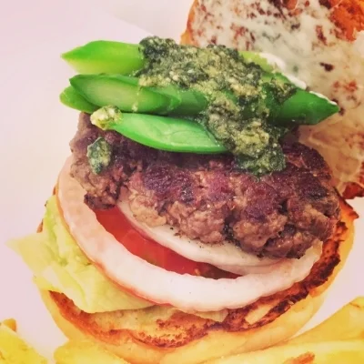 Monthly Burger - genovese with snap peas and asparagus