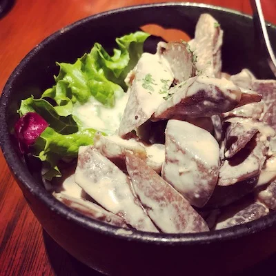 Burdock and devil’s tongue gorgonzola salad