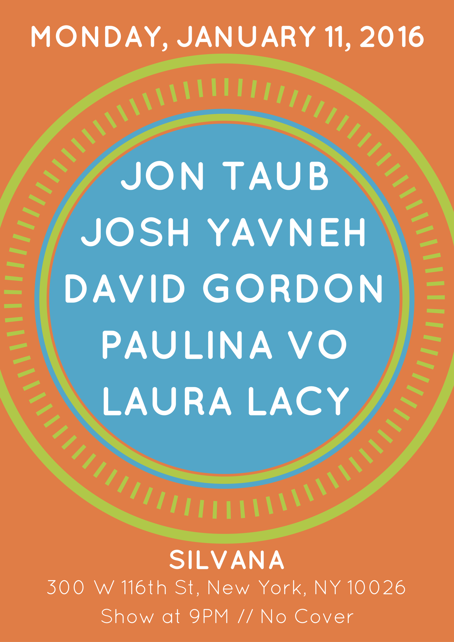 Five Artist Acoustic Showcase: Jon Taub, Josh Yavneh, David Gordon, Paulina Vo, Laura Lacy at Silvana