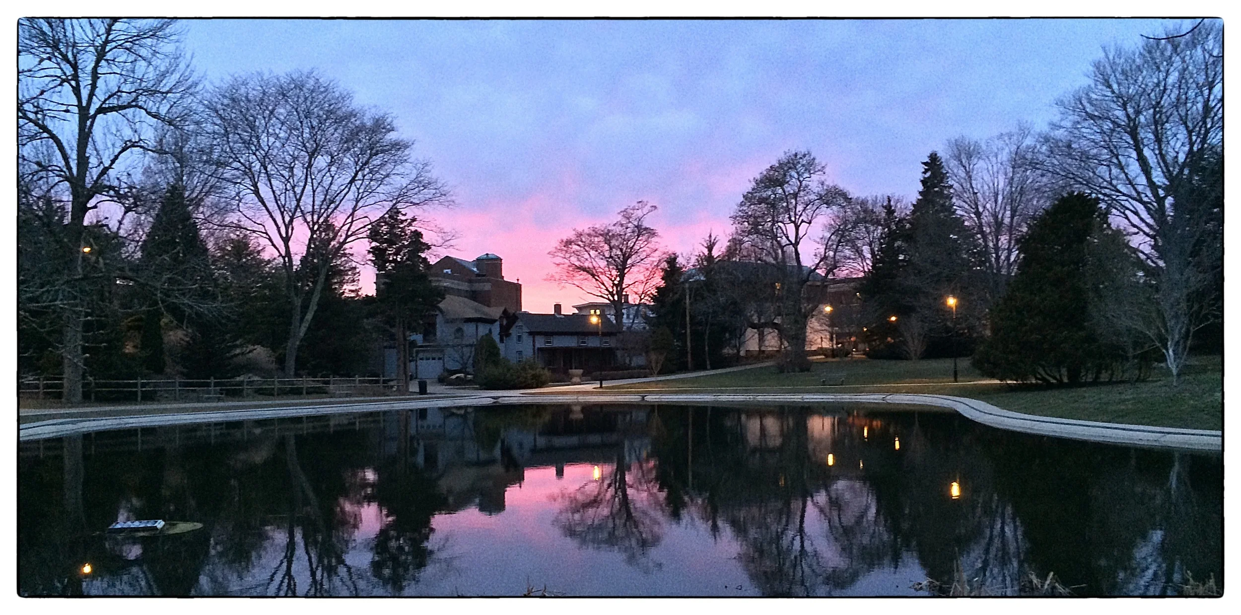 Sunset over pond in Wilcox Park, Westerly, R.I., shot on April 1, 2014.