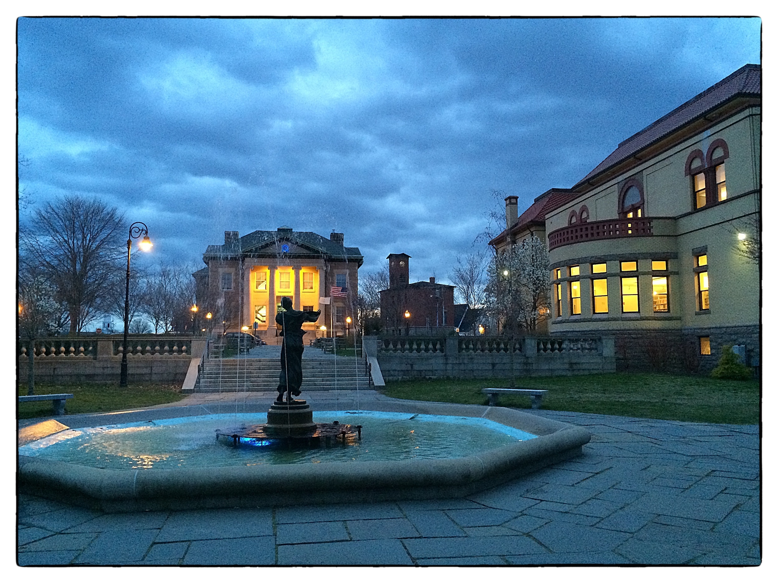 Spring evening at Wilcox Memorial Fountain in Wilcox Park, Westerly, R.I., shot on April 23, 2014.